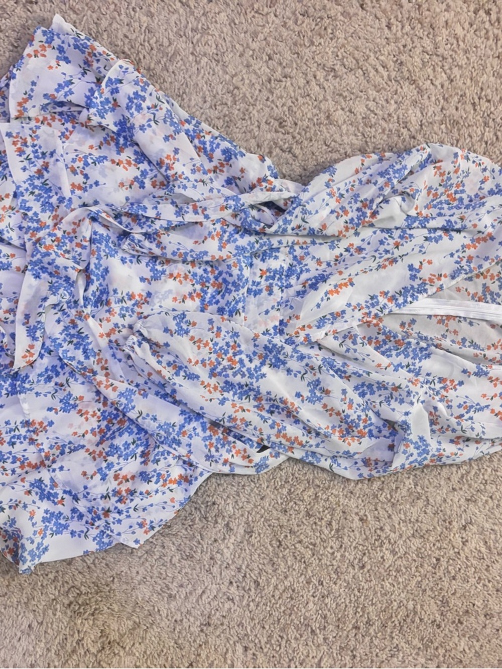 White Blue Orange Floral Tiered Ruffle Mini Dress Cottagecore S